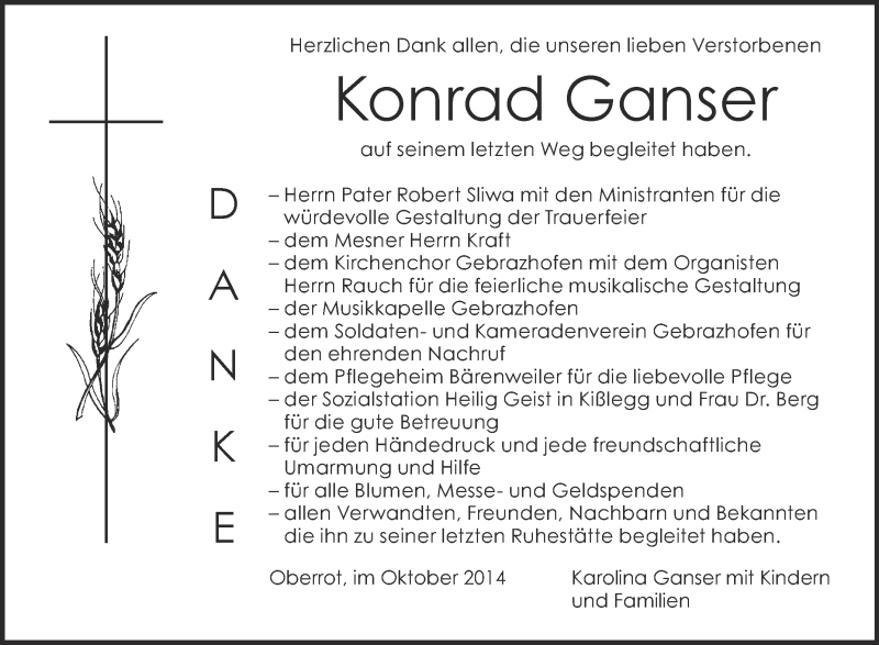  Traueranzeige für Konrad Ganser vom 25.10.2014 aus Schwäbische Zeitung
