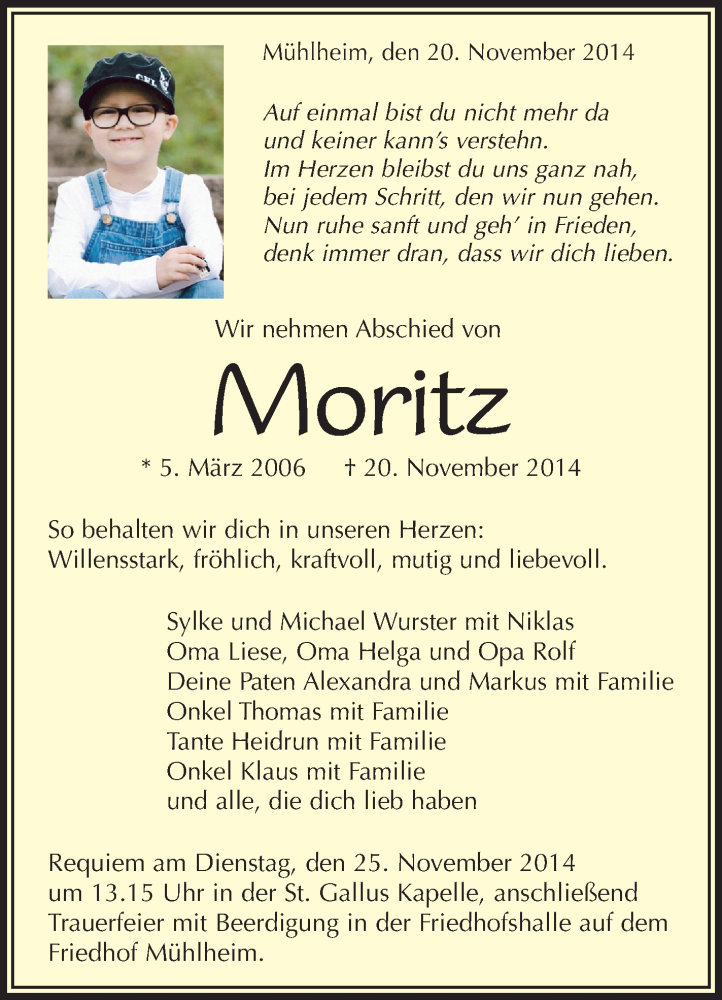  Traueranzeige für Moritz  vom 22.11.2014 aus Schwäbische Zeitung