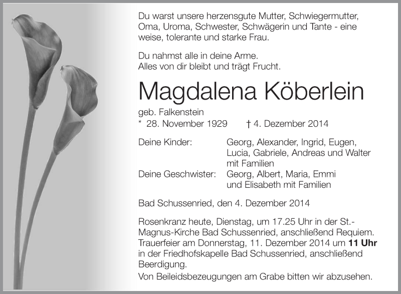  Traueranzeige für Magdalena Köberlein vom 09.12.2014 aus Schwäbische Zeitung