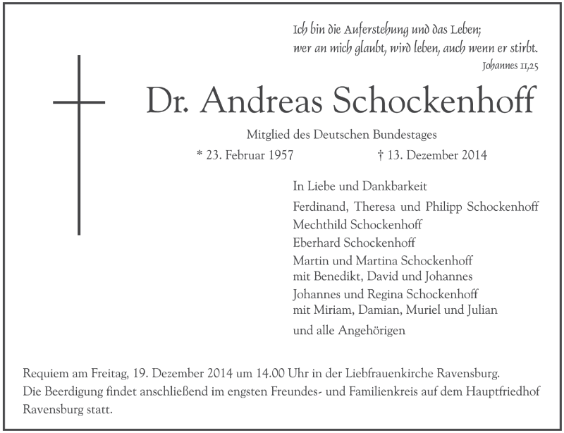  Traueranzeige für Andreas Schockenhoff vom 15.12.2014 aus Schwäbische Zeitung