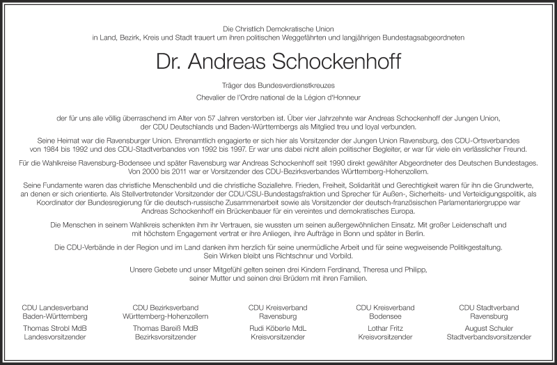  Traueranzeige für Andreas Schockenhoff vom 17.12.2014 aus Schwäbische Zeitung