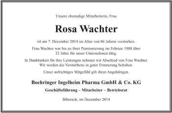 Anzeige von Rosa Wachter von Schwäbische Zeitung