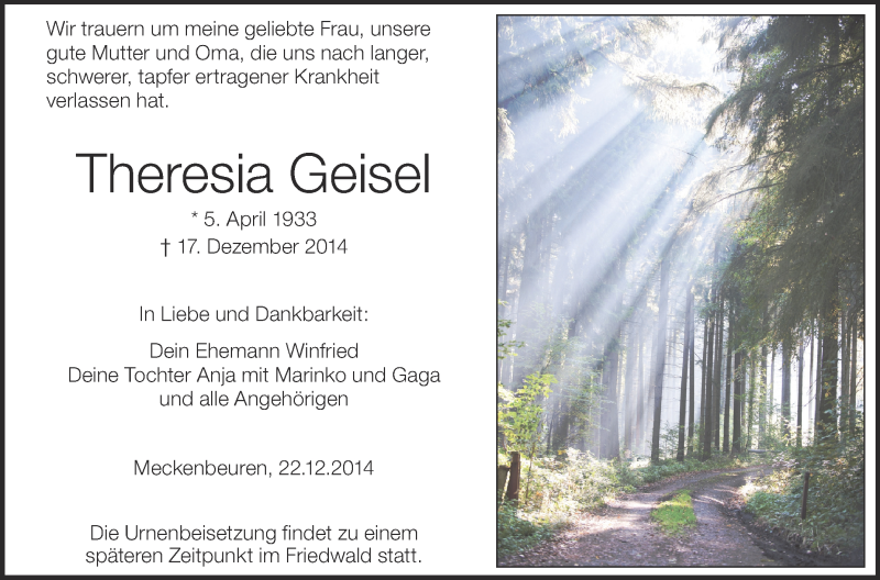  Traueranzeige für Theresia Geisel vom 22.12.2014 aus Schwäbische Zeitung