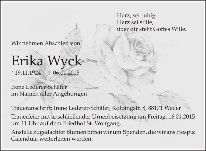  Traueranzeige für Erika Wyck vom 14.01.2015 aus Schwäbische Zeitung
