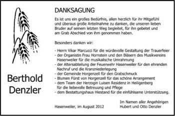 Anzeige von Berthold Denzler von Schwäbische Zeitung
