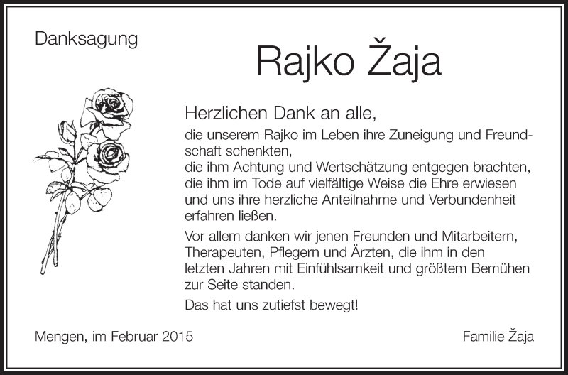  Traueranzeige für Rajko Žaja vom 05.02.2015 aus Schwäbische Zeitung