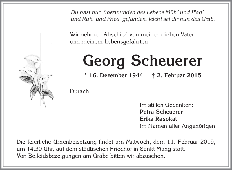  Traueranzeige für Georg Scheuerer vom 07.02.2015 aus Schwäbische Zeitung