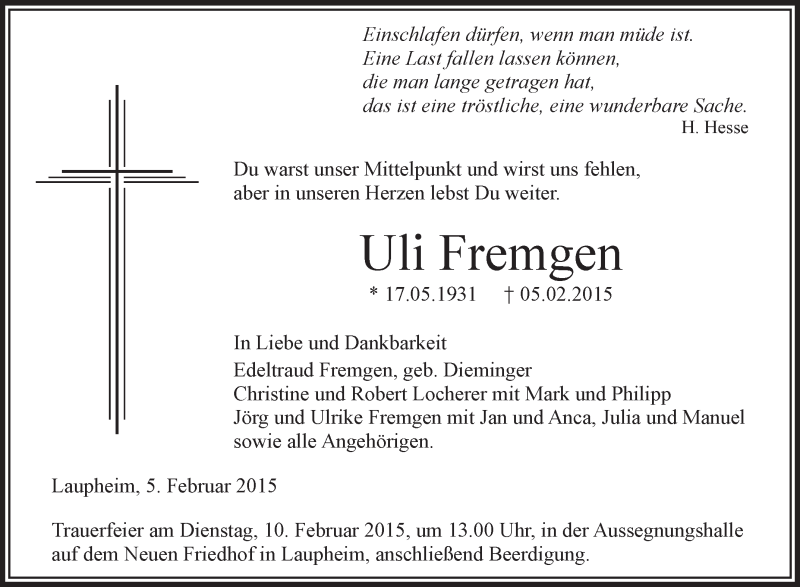  Traueranzeige für Uli Fremgen vom 07.02.2015 aus Schwäbische Zeitung