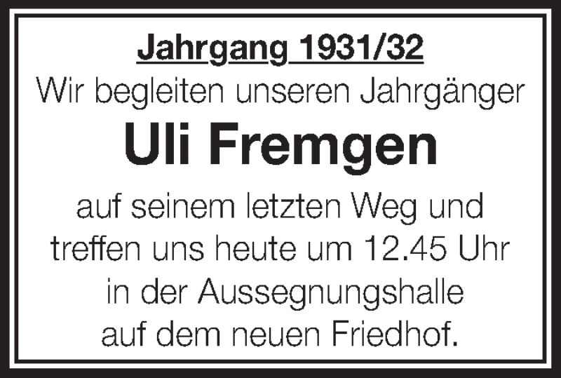  Traueranzeige für Uli Fremgen vom 10.02.2015 aus Schwäbische Zeitung