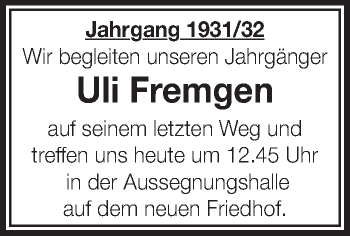 Anzeige von Uli Fremgen von Schwäbische Zeitung