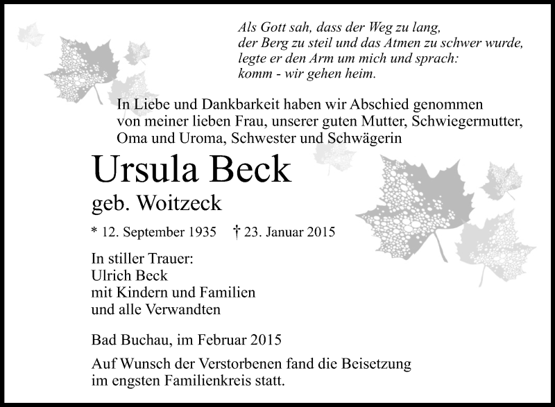  Traueranzeige für Ursula Beck vom 11.02.2015 aus Schwäbische Zeitung