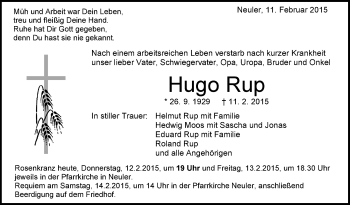 Anzeige von Hugo Rup von Schwäbische Zeitung