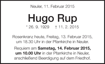 Anzeige von Hugo Rup von Schwäbische Zeitung