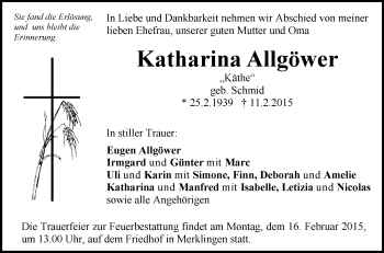 Anzeige von Katharina Allgöwer von Schwäbische Zeitung