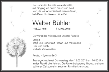 Anzeige von Walter Bühler von Schwäbische Zeitung