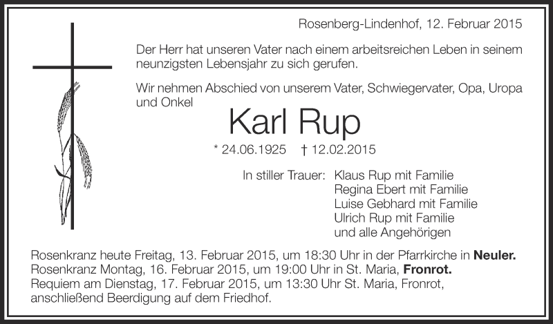  Traueranzeige für Karl Rup vom 13.02.2015 aus Schwäbische Zeitung