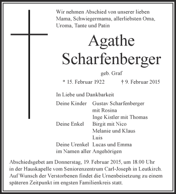 Anzeige von Agathe Scharfenberger von Schwäbische Zeitung