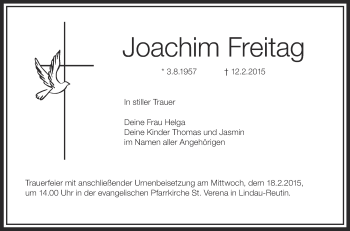 Anzeige von Joachim Freitag von Schwäbische Zeitung