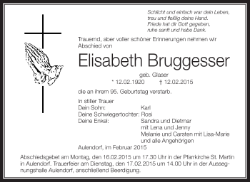 Anzeige von Elisabeth Bruggesser von Schwäbische Zeitung