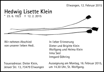 Anzeige von Hedwig Lisette Klein von Schwäbische Zeitung