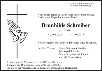 Anzeige von Brunhilde Schreiber von Schwäbische Zeitung