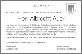 Anzeige von Albrecht Auer von Schwäbische Zeitung
