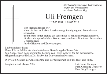 Anzeige von Uli Fremgen von Schwäbische Zeitung
