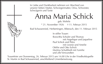 Anzeige von Anna Maria Schick von Schwäbische Zeitung