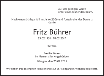 Anzeige von Fritz Bührer von Schwäbische Zeitung