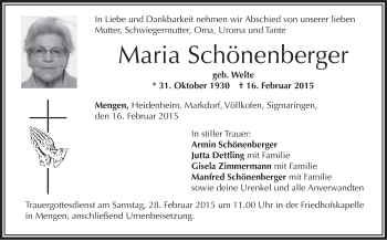 Anzeige von Maria Schönenberger von Schwäbische Zeitung