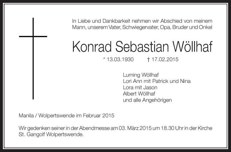  Traueranzeige für Konrad Sebastian vom 27.02.2015 aus Schwäbische Zeitung
