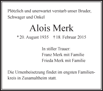 Anzeige von Alois Merk von Schwäbische Zeitung