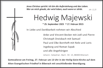 Anzeige von Hedwig Majewski von Schwäbische Zeitung