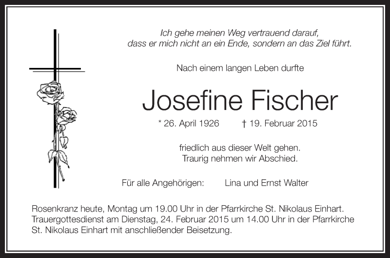  Traueranzeige für Josefine Fischer vom 23.02.2015 aus Schwäbische Zeitung