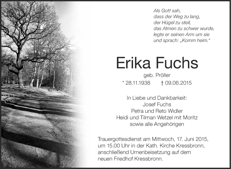  Traueranzeige für Erika Fuchs vom 13.06.2015 aus Schwäbische Zeitung