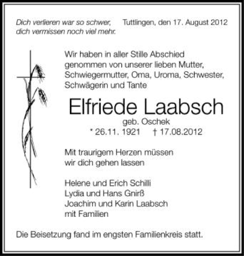  Traueranzeige für Elfriede Laabsch vom 29.08.2012 aus Schwäbische Zeitung