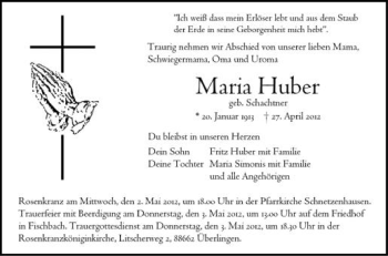 Anzeige von Maria Huber von Schwäbische Zeitung