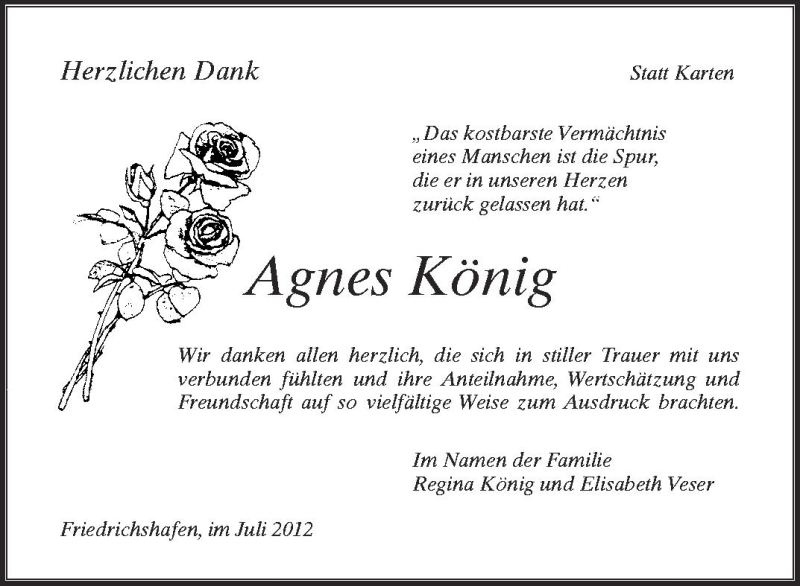  Traueranzeige für Agnes König vom 13.07.2012 aus Schwäbische Zeitung