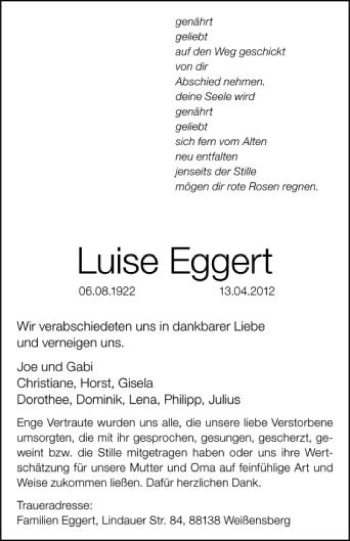Anzeige von Luise Eggert von Schwäbische Zeitung