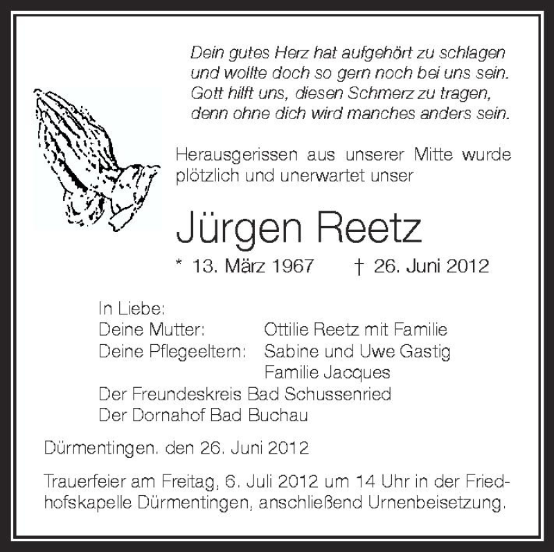  Traueranzeige für Jürgen Reetz vom 04.07.2012 aus Schwäbische Zeitung