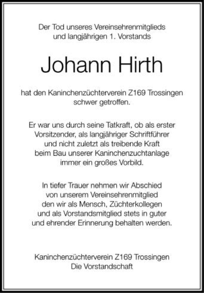  Traueranzeige für Johann Hirth vom 16.05.2012 aus Schwäbische Zeitung