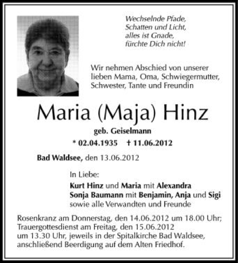  Traueranzeige für Maria  Hinz  vom 13.06.2012 aus Schwäbische Zeitung