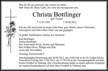 Anzeige von Christa Bottlinger von Schwäbische Zeitung