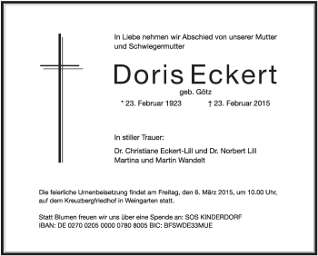 Anzeige von Doris Eckert von Schwäbische Zeitung