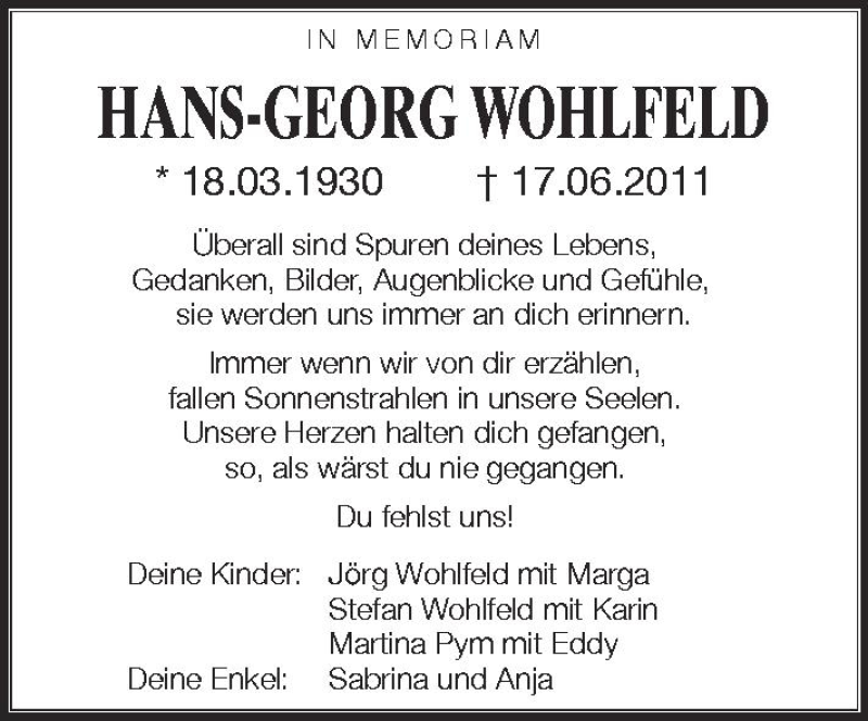  Traueranzeige für Hans-Georg Wohlfeld vom 16.06.2012 aus Schwäbische Zeitung