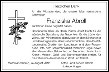 Anzeige von Franziska Abröll von Schwäbische Zeitung