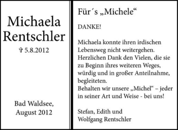 Anzeige von Michaela Rentschler von Schwäbische Zeitung