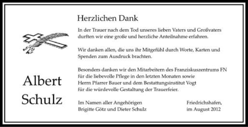  Traueranzeige für Albert Schulz vom 25.08.2012 aus Schwäbische Zeitung