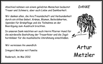 Anzeige von Artur Metzler von Schwäbische Zeitung