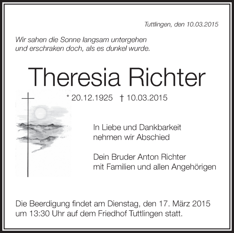  Traueranzeige für Theresia Richter vom 13.03.2015 aus Schwäbische Zeitung